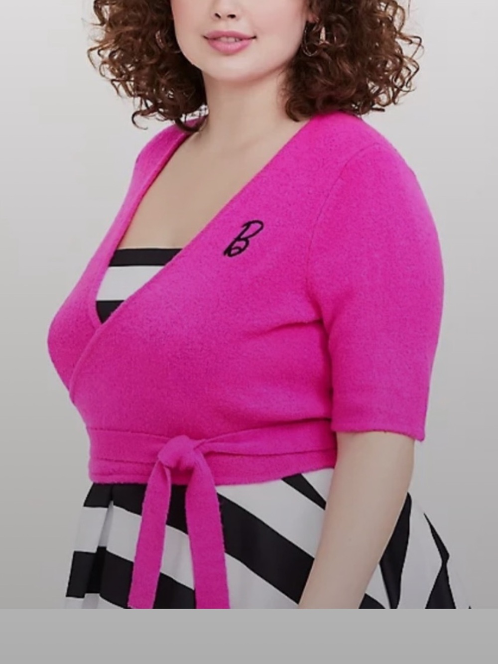 Torrid Barbie Hot Pink wrap sweater features a black embroidered "B" logo 4X NWT